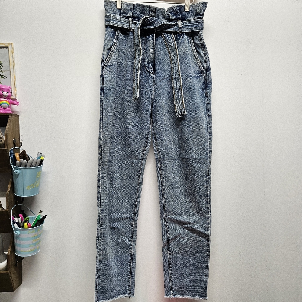 Boohoo Jeans Size 4 Mom Jeans High Waisted Paper Bag Ruffle Waist Tie Acid Wash